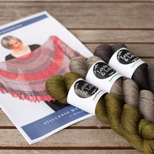 Louie & Lola Yarns Charcoal & Moss Kit Curious Handmade Stillness Shawl - Merino Silk Yak Fingering Kit