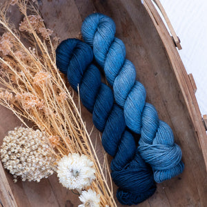 Louie & Lola Yarns French Navy & Cornflower Ambah O'Brien - SOL Shawl MKAL Kits - Merino Silk Yak Fingering