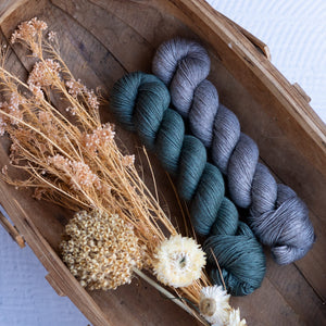 Louie & Lola Yarns Willow Sage & Natural Ambah O'Brien - SOL Shawl MKAL Kits - Merino Silk Yak Fingering