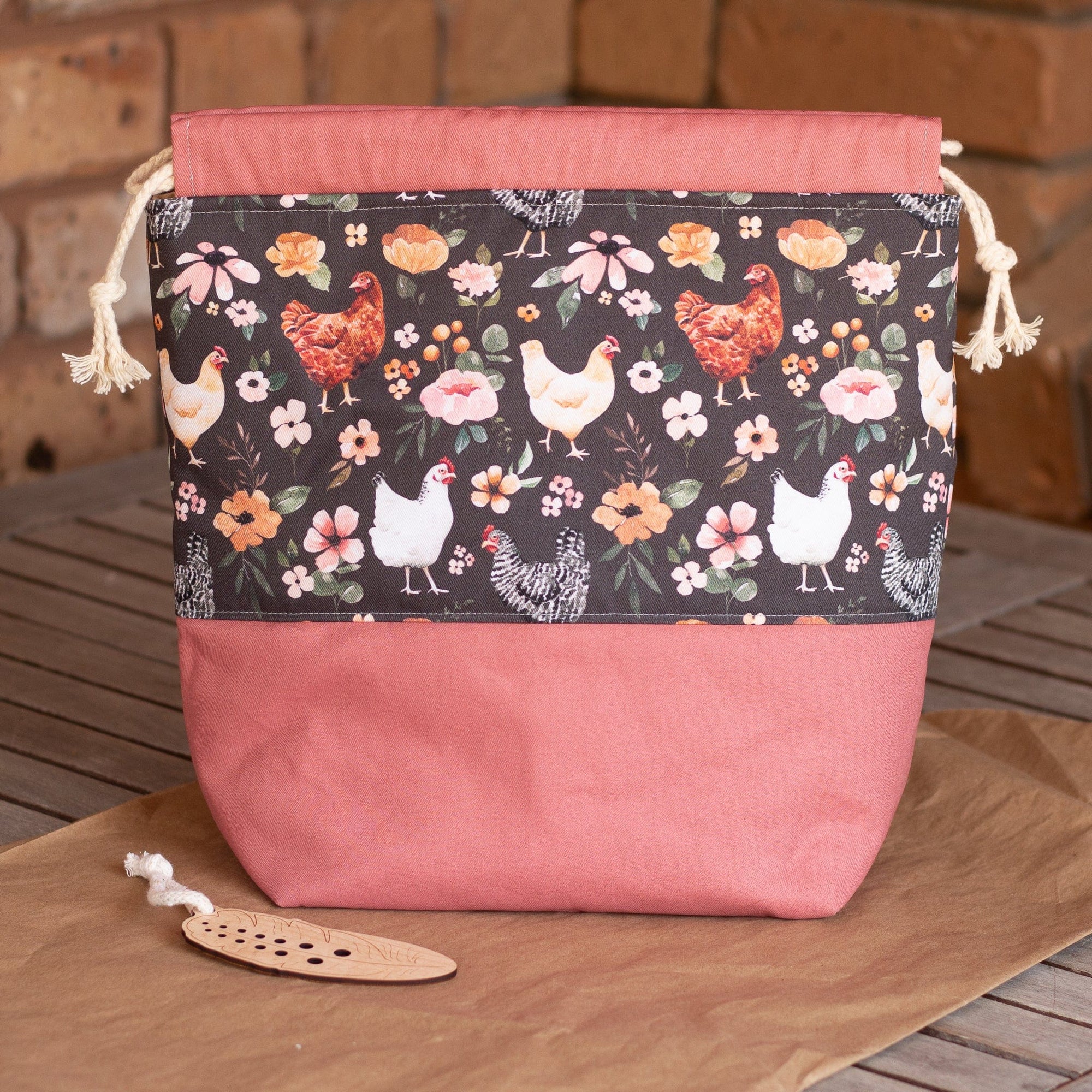 Madge Collection The Madge Collection - Large Flock & Feather Drawstring Project Bag - Mixed Chickens in Pink