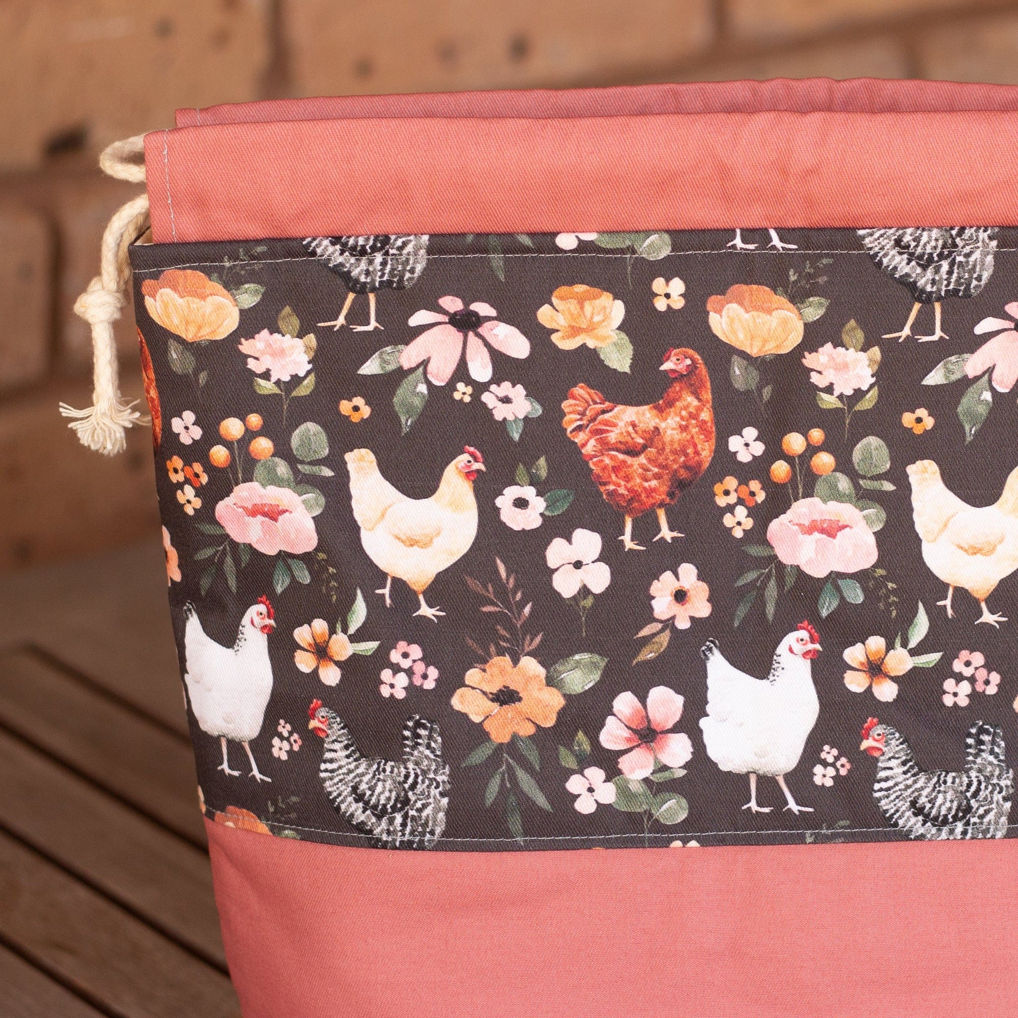 Madge Collection The Madge Collection - Large Flock & Feather Drawstring Project Bag - Mixed Chickens in Pink