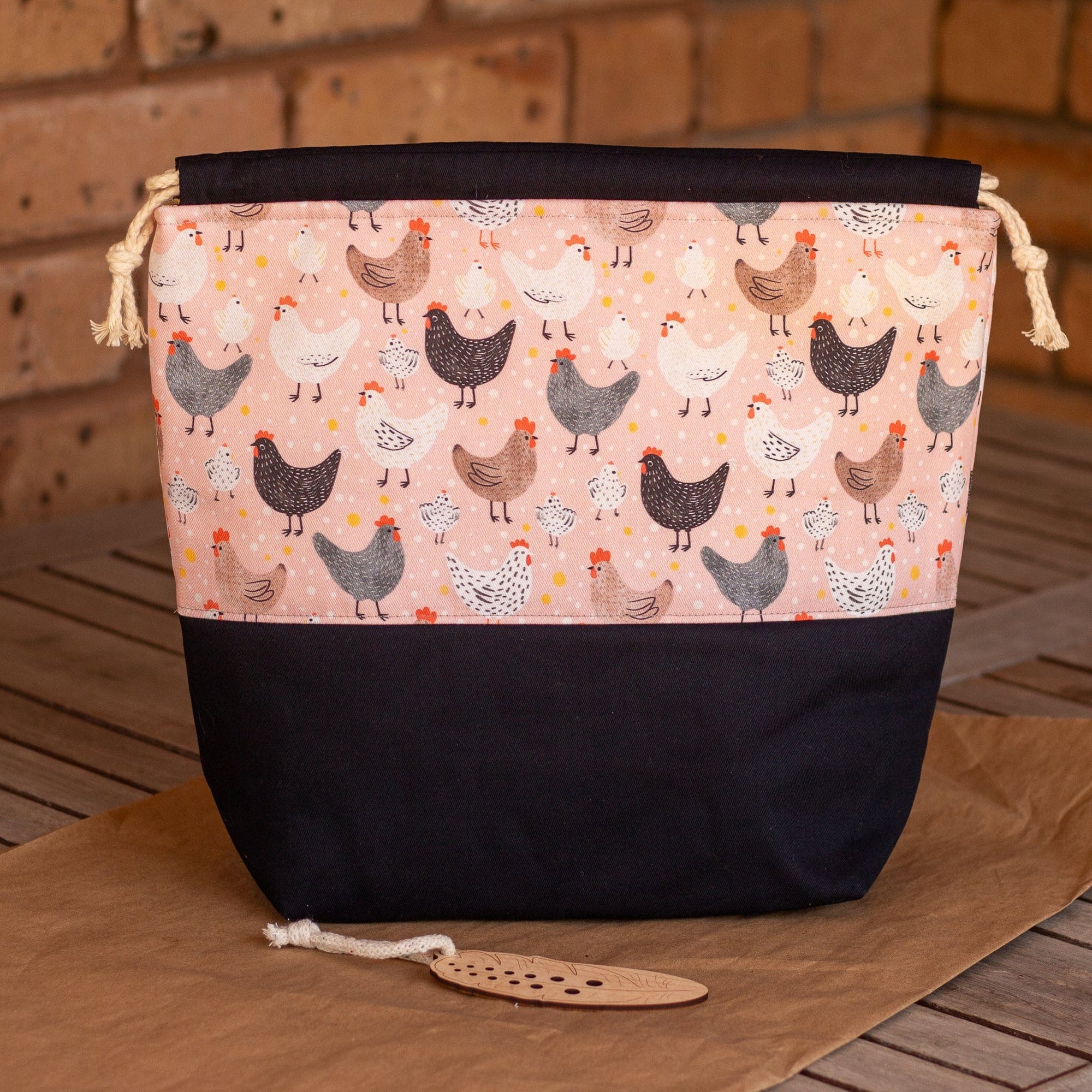 Madge Collection The Madge Collection - Large Flock & Feather Drawstring Project Bag - Pink Chicken