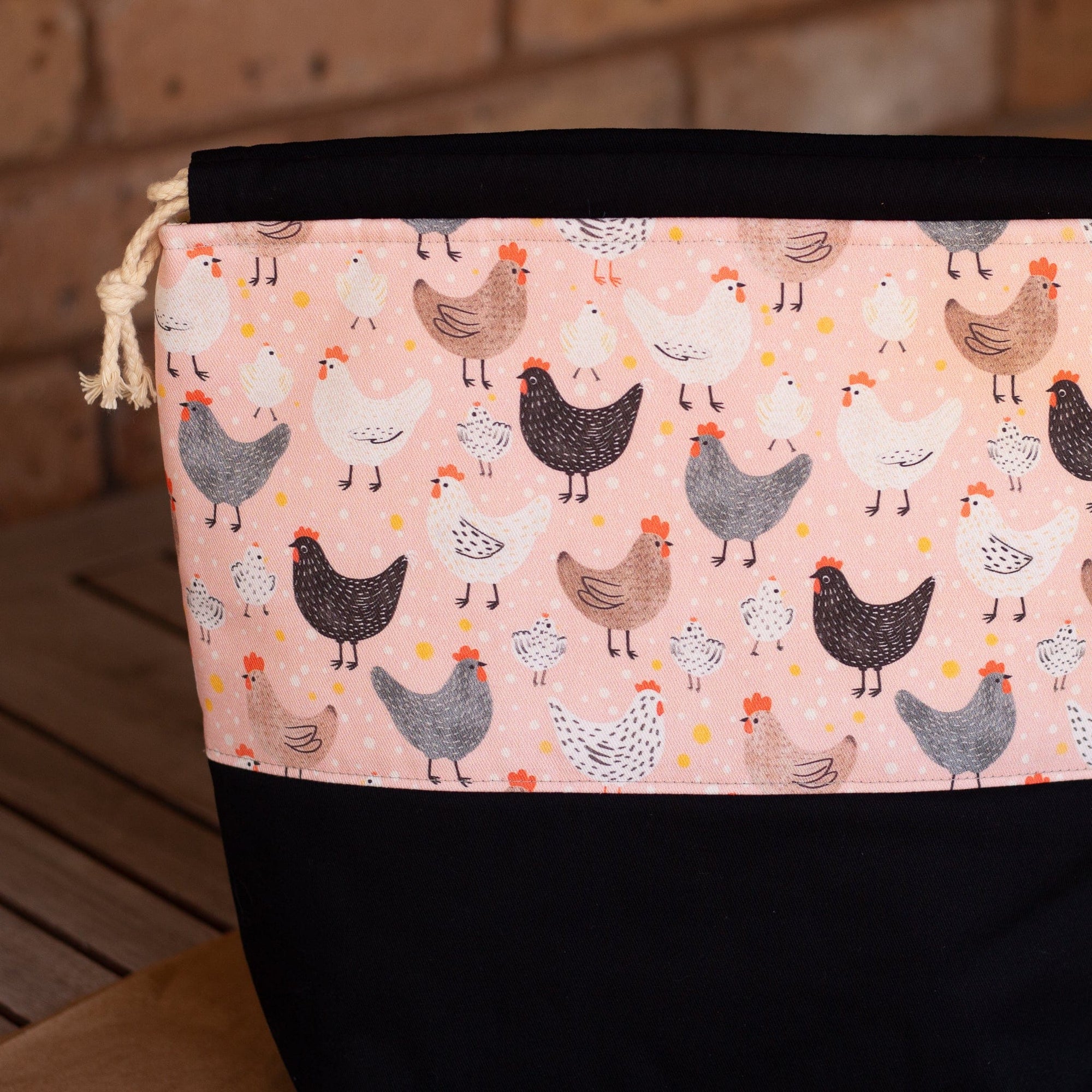 Madge Collection The Madge Collection - Large Flock & Feather Drawstring Project Bag - Pink Chicken
