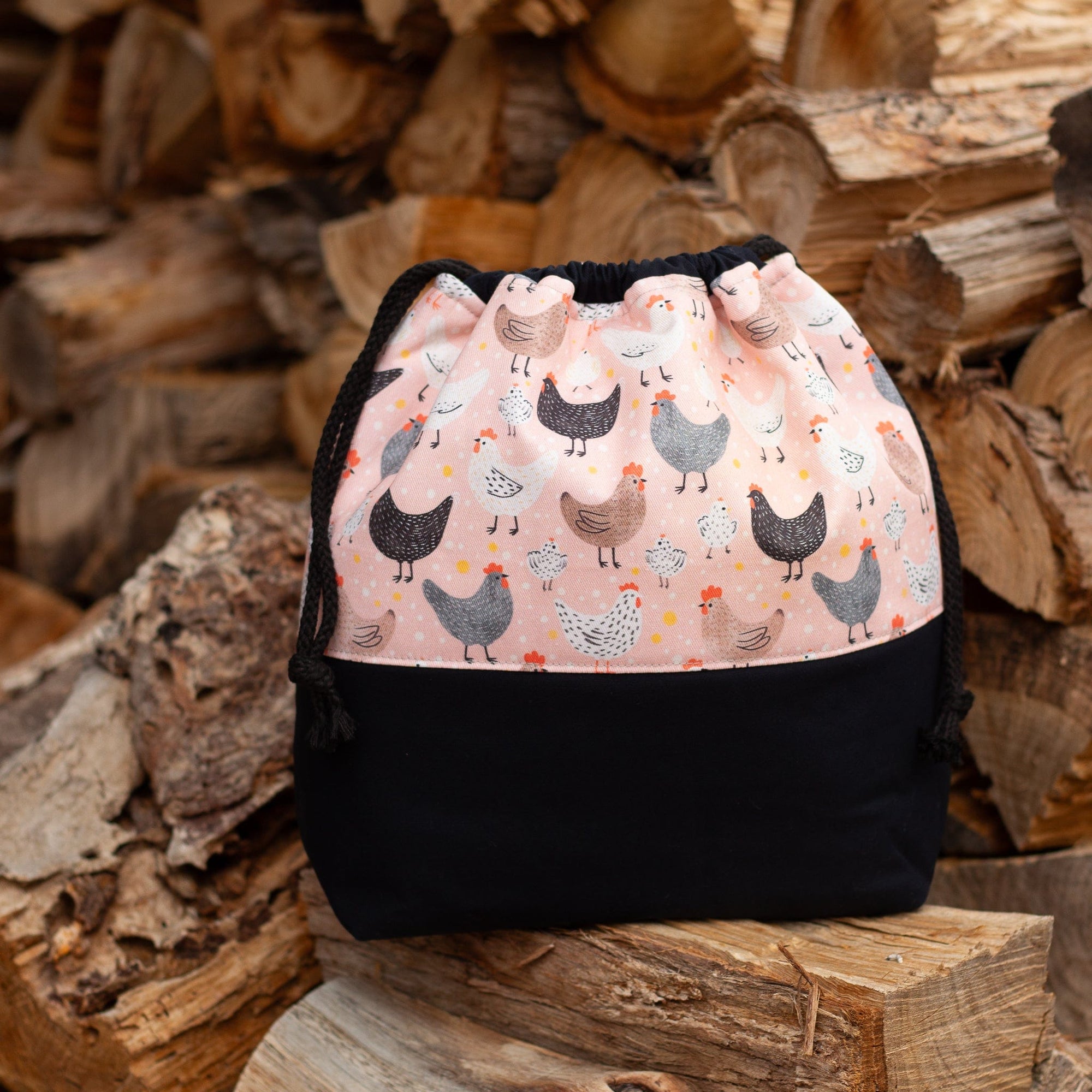 Madge Collection The Madge Collection - Large Flock & Feather Drawstring Project Bag - Pink Chicken